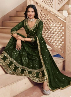 Green Faux Georgette Embroidered And Sequins Anarkali Suit Party Wear -ZariGrace Shop green faux georgette embroidered and sequins anarkali suit slska46571014 b