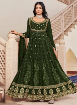 Green Faux Georgette Embroidered And Sequins Anarkali Suit Party Wear -ZariGrace Shop green faux georgette embroidered and sequins anarkali suit slska46571014 u