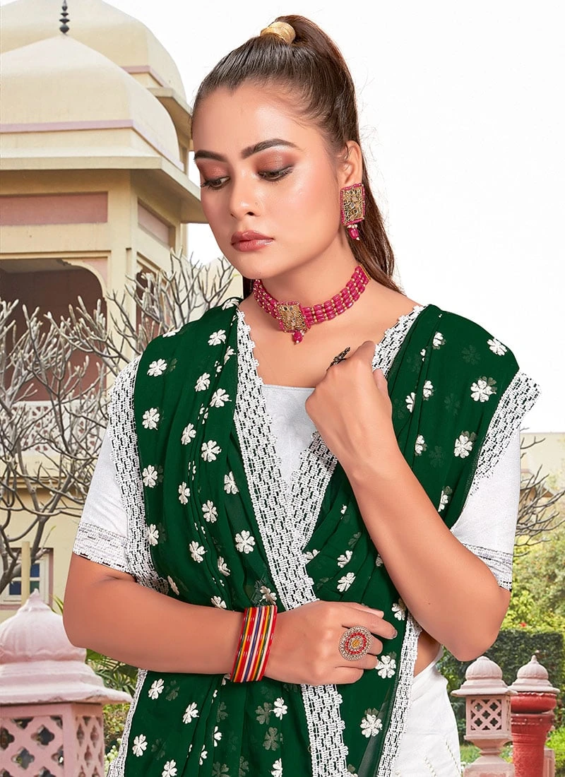 Green Faux Georgette Embroidered Half And Half Saree Party Wear 6 Green Faux Georgette Embroidered Half And Half Saree Party Wear - Image 4