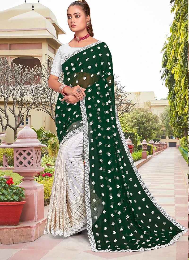 Green Faux Georgette Embroidered Half And Half Saree Party Wear 5 Green Faux Georgette Embroidered Half And Half Saree Party Wear - Image 3