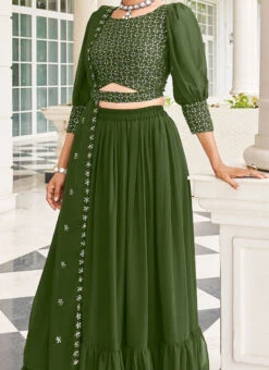 Green Faux Georgette Sequins A Line Lehenga Party Wear