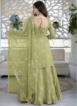 Green Faux Georgette Sequins Umbrella Lehenga Party Wear -ZariGrace Shop green faux georgette sequins umbrella lehenga ghsacw5749 b