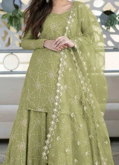 Green Faux Georgette Sequins Umbrella Lehenga Party Wear