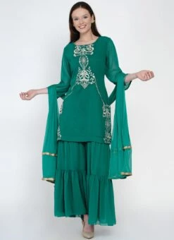 Green Georgette Kurta Sharara Set Party Wear -ZariGrace Shop green georgette kurta sharara set slsdrnr482 u