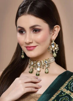 Green Kundan Designer Choker Set Party Wear -ZariGrace Shop green kundan designer choker set jydmf1851 b