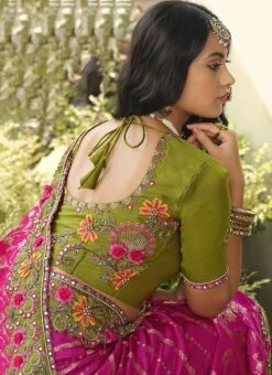 Green N Pink Silk Zari Embroidery Work Half N Half Saree Party Wear -ZariGrace Shop green n pink silk zari embroidery work half n half saree samkns102214053 b