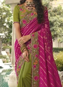 Green N Pink Silk Zari Embroidery Work Half N Half Saree Party Wear
