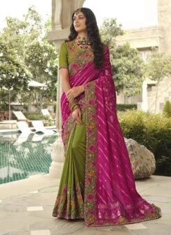 Green N Pink Silk Zari Embroidery Work Half N Half Saree Party Wear -ZariGrace Shop green n pink silk zari embroidery work half n half saree samkns102214053 u