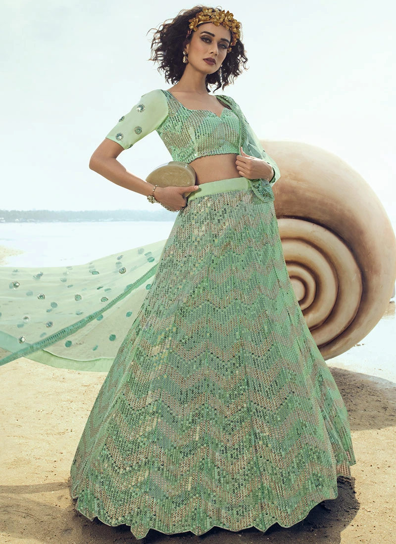 Green Net Designer Umbrella Lehenga Wedding Wear 5 Green Net Designer Umbrella Lehenga Wedding Wear - Image 3