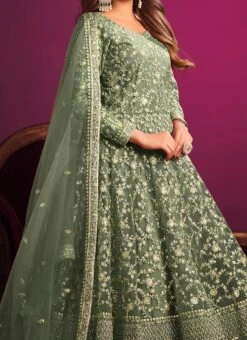 Green Net Embroidery Anarkali Suit Party Wear