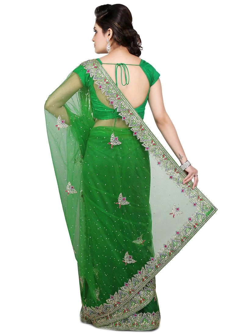 Green Net Stones Saree Wedding Wear 6 Green Net Stones Saree Wedding Wear - Image 4