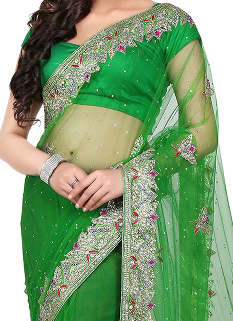 Green Net Stones Saree Wedding Wear 3 Green Net Stones Saree Wedding Wear