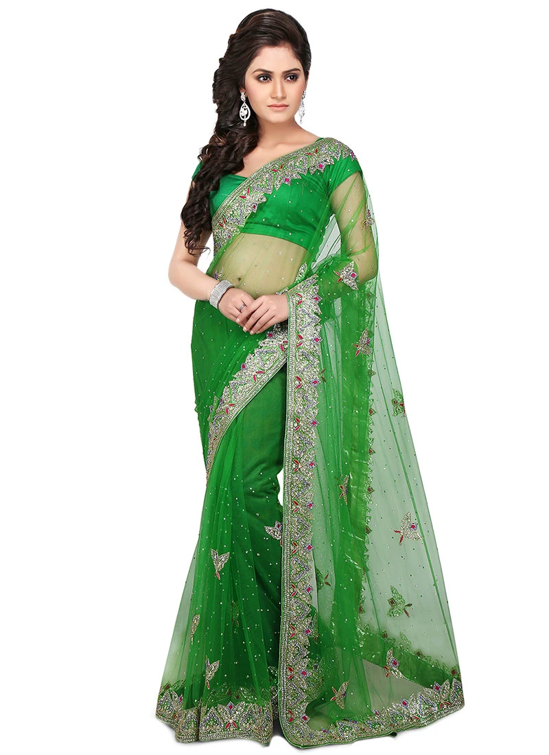 Green Net Stones Saree Wedding Wear 5 Green Net Stones Saree Wedding Wear - Image 3