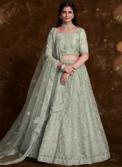 Pista Green Organza Embroidered Umbrella Lehenga Wedding Wear -ZariGrace Shop green organza embroidered umbrella lehenga ghska467275003 u