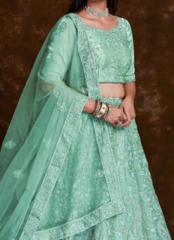 Sea Green Organza EmbroideredStones Umbrella Lehenga Wedding Wear