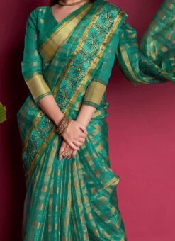 Green Organza Silk Zari Embroidery Saree Festive Wear