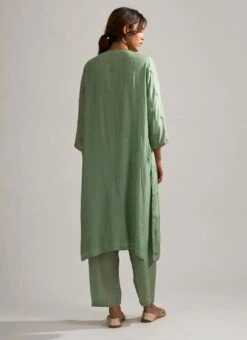 Green Pure Chanderi Silk Embroidered Kurta Semi Palazzo Set Party Wear -ZariGrace Shop green pure chanderi silk embroidered kurta semi palazzo set krsdvcsvks47 b