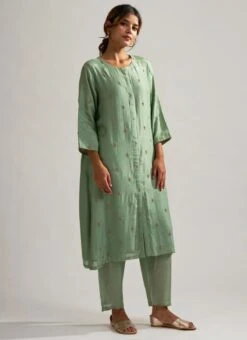 Green Pure Chanderi Silk Embroidered Kurta Semi Palazzo Set Party Wear -ZariGrace Shop green pure chanderi silk embroidered kurta semi palazzo set krsdvcsvks47 u