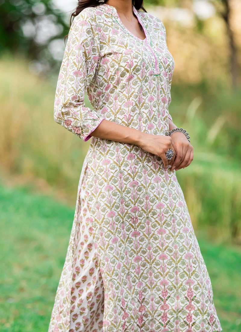 Green Pure Cotton Hand Block Printed Kurta Semi Palazzo Set After Six Wear 3 Green Pure Cotton Hand Block Printed Kurta Semi Palazzo Set After Six Wear