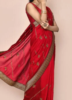 Red Satin Blend Zari Sari Party Wear