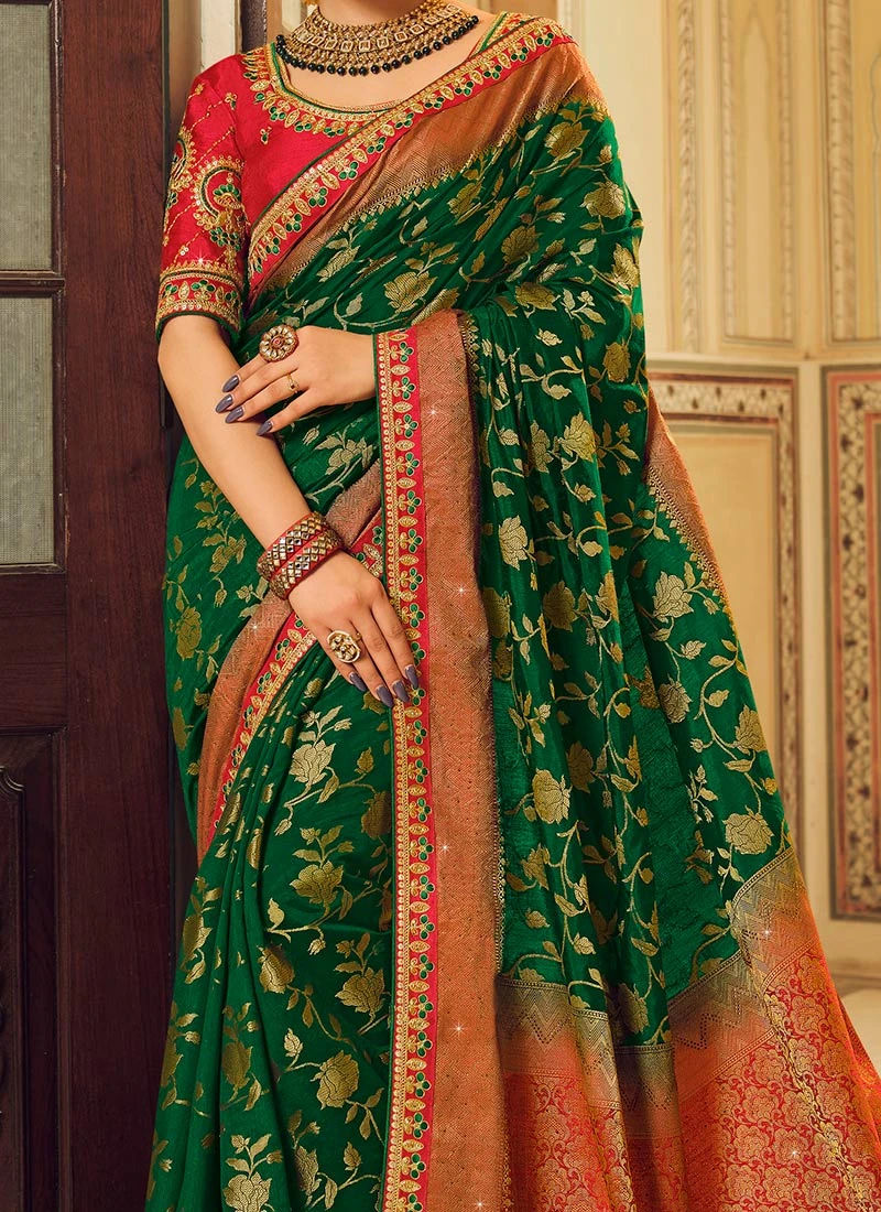 Green Silk Weaving Work Saree Party Wear 3 Green Silk Weaving Work Saree Party Wear