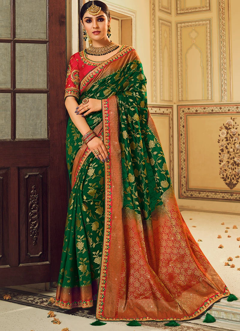Green Silk Weaving Work Saree Party Wear 5 Green Silk Weaving Work Saree Party Wear - Image 3