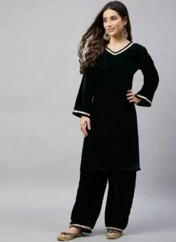 Green Velvet Kurta Palazzo Set Work Wear -ZariGrace Shop green velvet kurta palazzo set krsdmf7317bk u