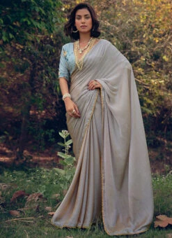 Grey Art Silk Saree With Printed Blouse Party Wear -ZariGrace Shop grey art silk saree with printed blouse sassls3856 u