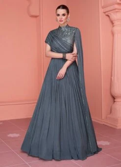 Grey Chinon Mirror Work Dresses And Gown Party Wear -ZariGrace Shop grey chinon mirror work dresses and gown bgwrska48055329 u