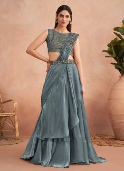 Grey Chinon Silk Embroidered Ready Pleated Saree Party Wear -ZariGrace Shop grey chinon silk embroidered ready pleated saree saska36337311f u