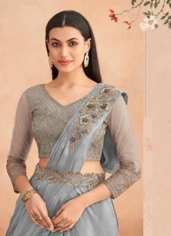 Grey Chinon Silk Embroidered Sequins Ready Pleated Saree Party Wear -ZariGrace Shop grey chinon silk embroidered sequins ready pleated saree saska36367304f b