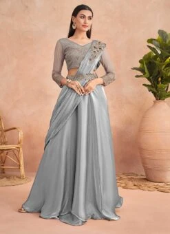 Grey Chinon Silk Embroidered Sequins Ready Pleated Saree Party Wear -ZariGrace Shop grey chinon silk embroidered sequins ready pleated saree saska36367304f u