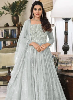Grey Georgette Embroidered Designer Anarkali Suit Festive Wear -ZariGrace Shop grey georgette embroidered designer anarkali suit slsak32671381e b