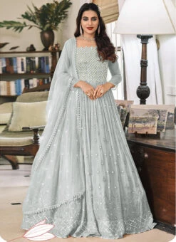 Grey Georgette Embroidered Designer Anarkali Suit Festive Wear -ZariGrace Shop grey georgette embroidered designer anarkali suit slsak32671381e u