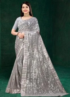 Grey Georgette Sequins Work Saree Party Wear -ZariGrace Shop grey georgette sequins work saree sasacw4931 u