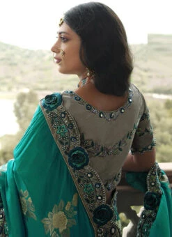 Grey N Green Silk Zari Embroidery Work Half N Half Saree Party Wear -ZariGrace Shop grey n green silk zari embroidery work half n half saree samkns102214059 b