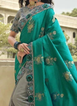 Grey N Green Silk Zari Embroidery Work Half N Half Saree Party Wear