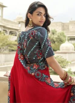 Grey N Red Silk Zari Embroidery Work Half N Half Saree Party Wear -ZariGrace Shop grey n red silk zari embroidery work half n half saree samkns102214061 b