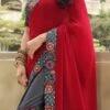 Grey N Red Silk Zari Embroidery Work Half N Half Saree Party Wear