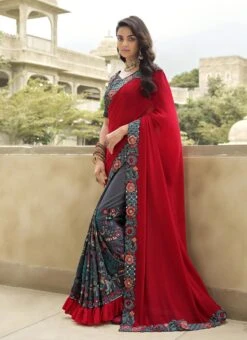 Grey N Red Silk Zari Embroidery Work Half N Half Saree Party Wear -ZariGrace Shop grey n red silk zari embroidery work half n half saree samkns102214061 u