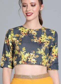 Grey N Yellow Cotton Digital Printed Blouse Festive Wear -ZariGrace Shop grey n yellow cotton digital printed blouse BLBS02209592 u