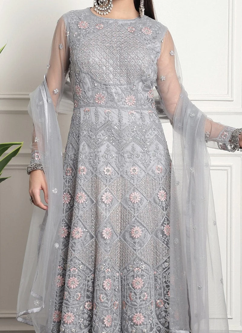 Grey Net Embroidered And Stones Gown Party Wear 3 Grey Net Embroidered And Stones Gown Party Wear