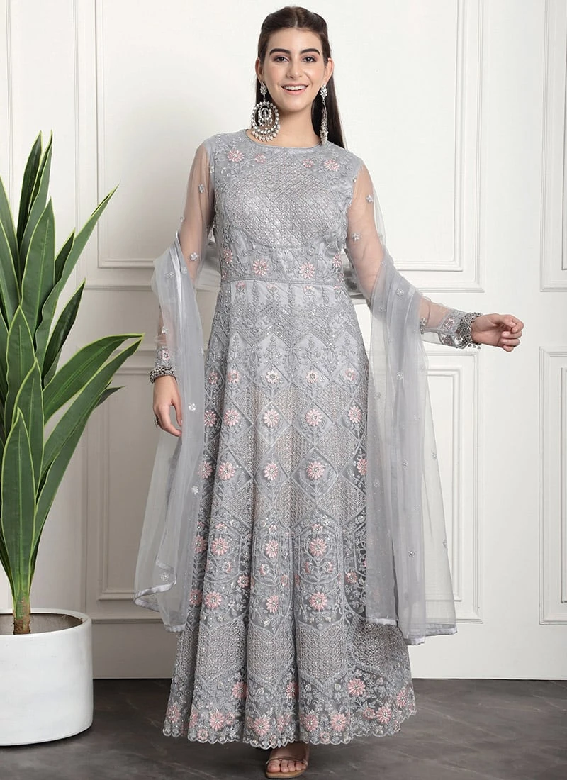 Grey Net Embroidered And Stones Gown Party Wear 5 Grey Net Embroidered And Stones Gown Party Wear - Image 3
