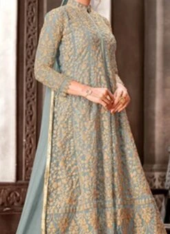 Grey Net Embroidered N Sequins Anarkali Suit Party Wear