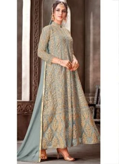 Grey Net Embroidered N Sequins Anarkali Suit Party Wear -ZariGrace Shop grey net embroidered n sequins anarkali suit slsak29341111d u