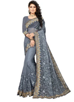 Grey Net Embroidered Work Saree Festive Wear -ZariGrace Shop grey net embroidered work saree sasstsktarya8208 u