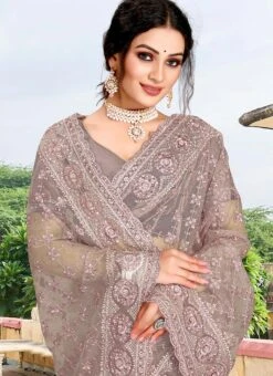 Grey Net Embroidery Stone Saree Party Wear -ZariGrace Shop grey net embroidery stone saree sasunm1724 b