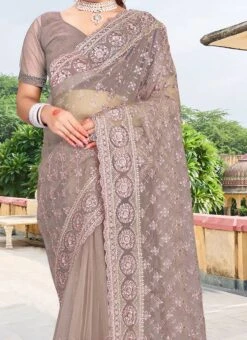 Grey Net Embroidery Stone Saree Party Wear