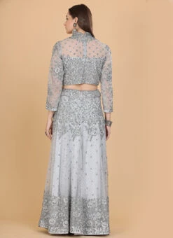 Grey Net Sequins Work Umbrella Lehenga Choli With Dupatta Wedding Wear -ZariGrace Shop grey net sequins work umbrella lehenga choli with dupatta ghmcbl203 b