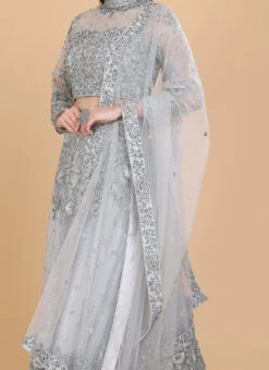 Grey Net Sequins Work Umbrella Lehenga Choli With Dupatta Wedding Wear